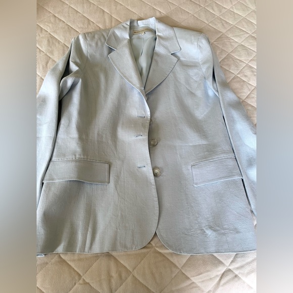 Light blue 100% linen long blazer double collar 4 front buttons 2 pockets US 10 - Picture 4 of 16
